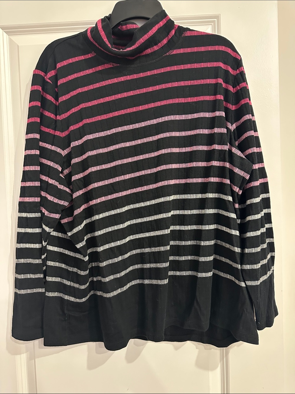 Talbots Black Turtleneck Top with Pink and Silver Stripes